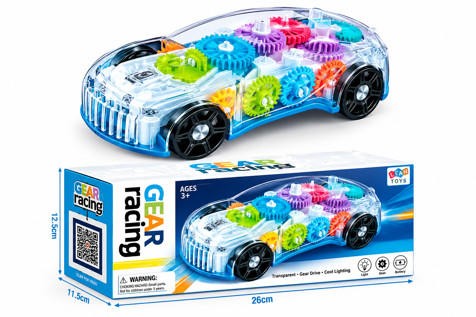 Transparent Gear Racing Toy Car with Colorful Gears – Educational STEM Toy for Kids