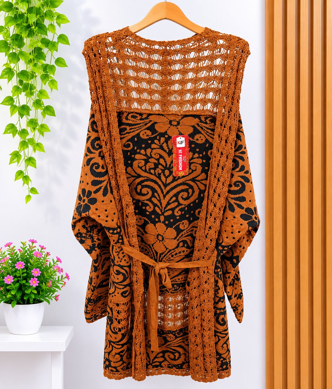 Luxury Rust Brown & Black Ethnic Knitwear Cardigan with Intricate Crochet Detailing & Waist Tie