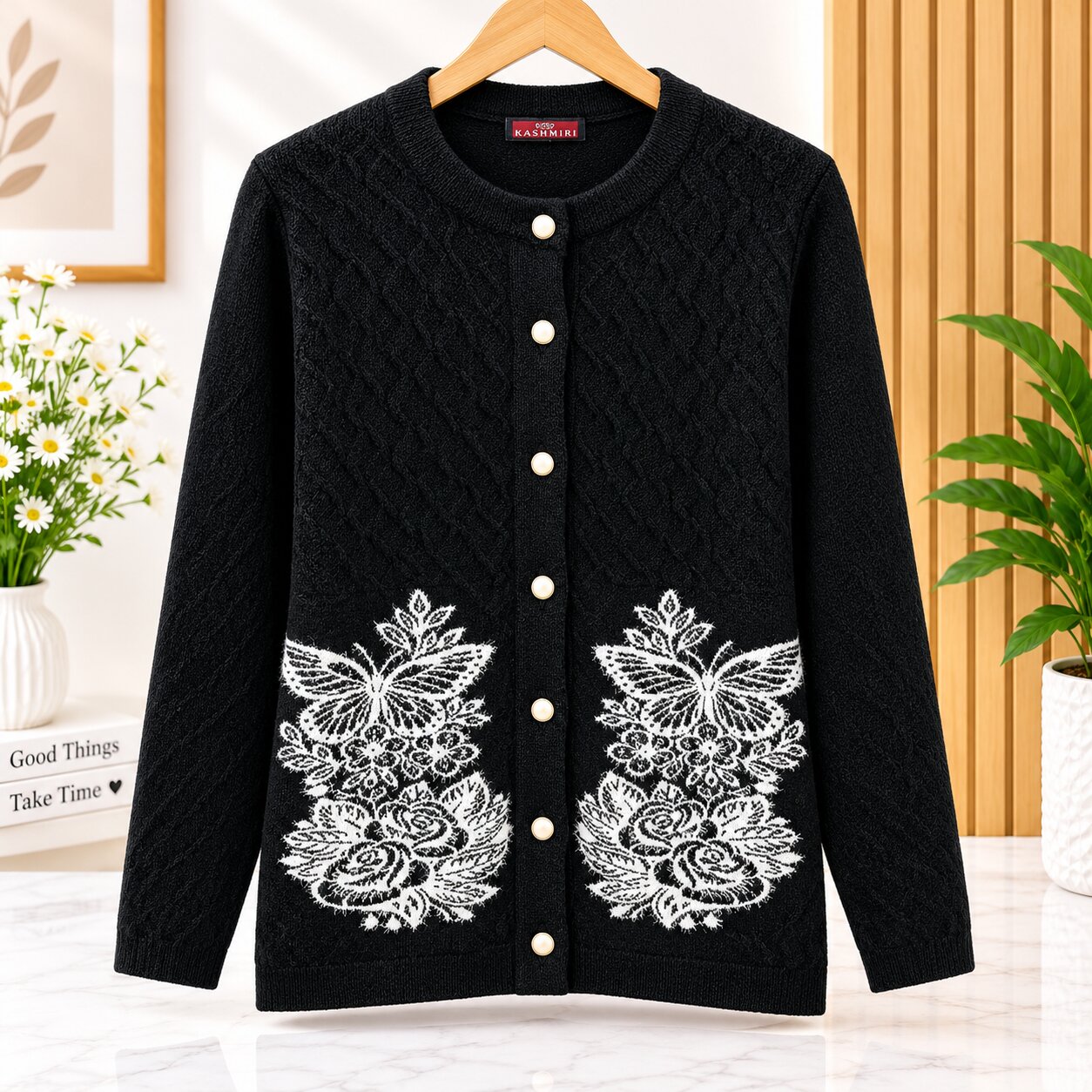 Kashmiri Knit Sweater Black Ladies Winter Cardigan with White Floral Embroidery