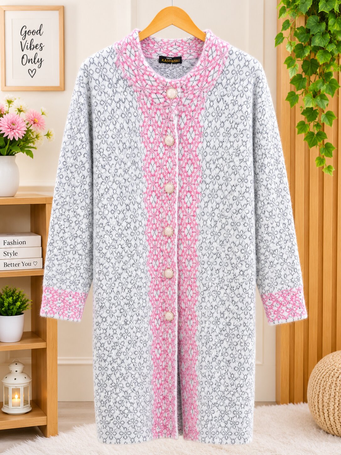 Premium Kashmiri White & Pink Floral Knit Long Cardigan for Women – Winter Wear