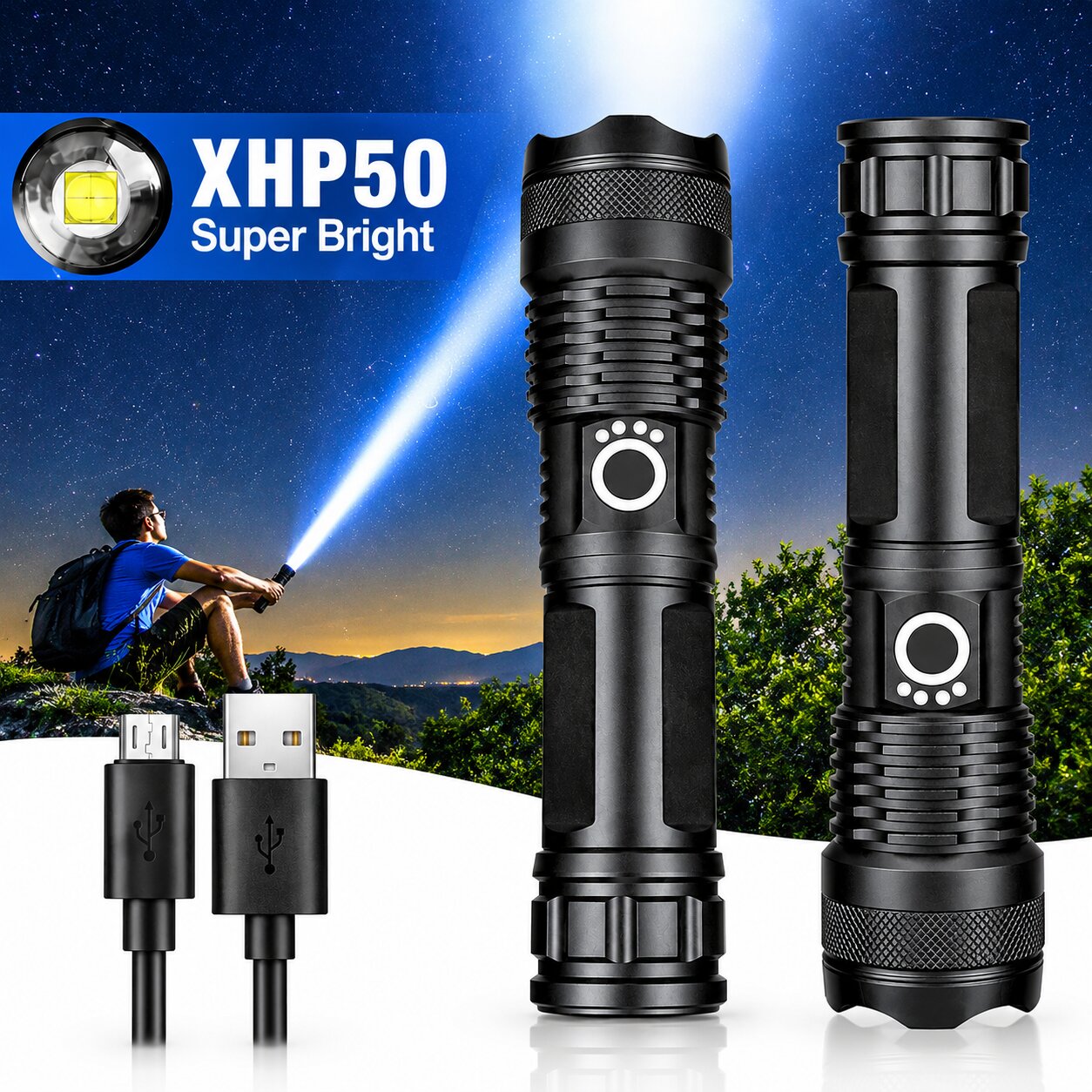 Super Bright Rechargeable LED Flashlight with USB Charging Cable