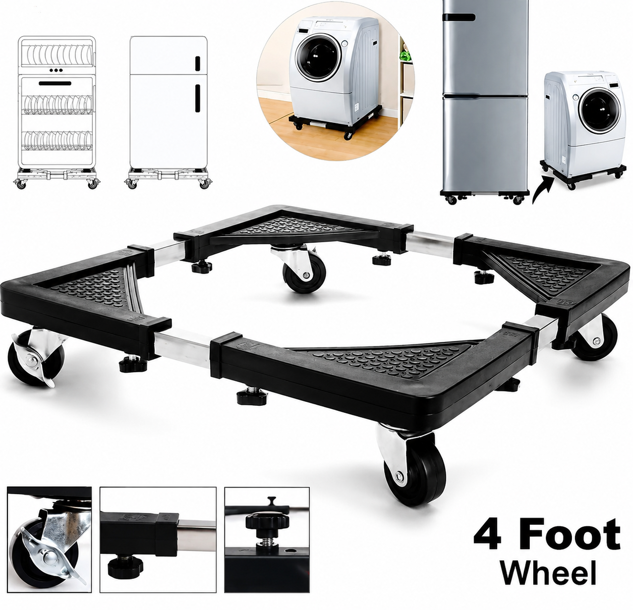 Heavy Duty Adjustable 4-Wheel Washing Machine & Refrigerator Stand