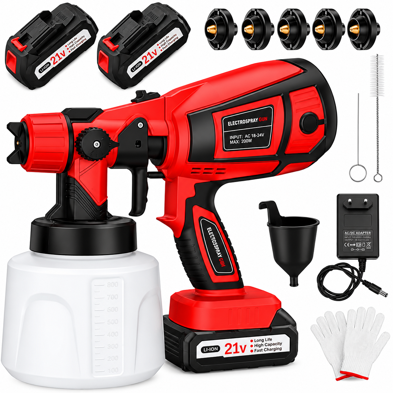 Rechargeable Electric Paint Spray Gun with 2 Batteries & 5 Nozzles