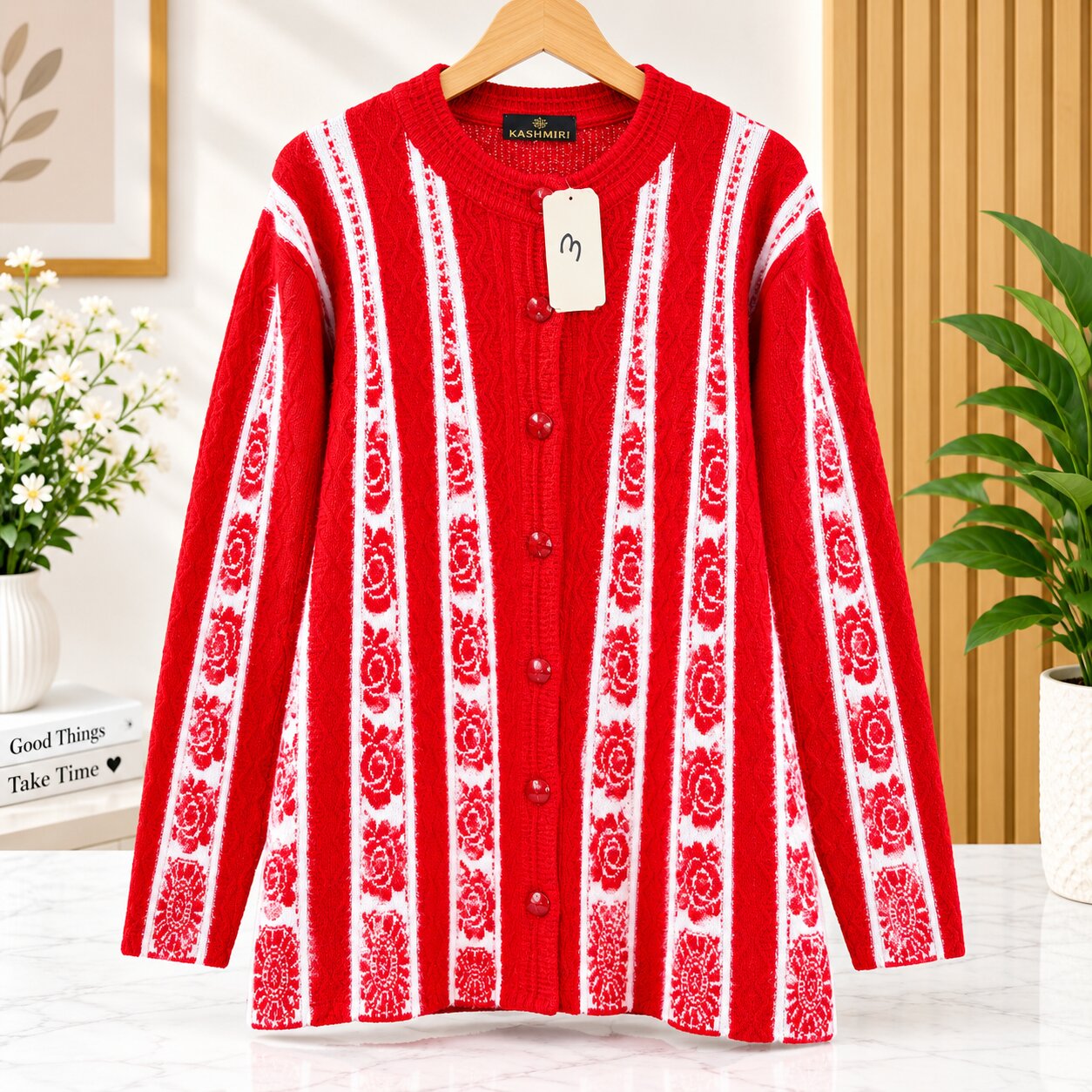 Premium Kashmiri Knit Sweater Red & White Floral Design Winter Cardigan for Women