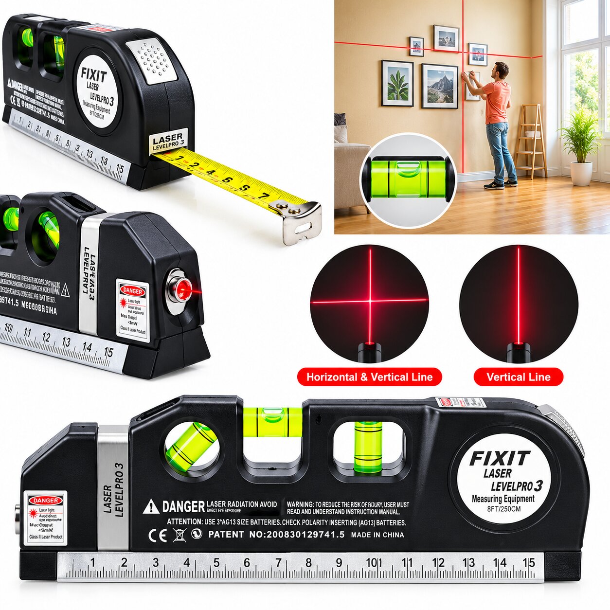 FIXIT Laser Level Pro 3 – 8FT Measuring Tape & Laser Level