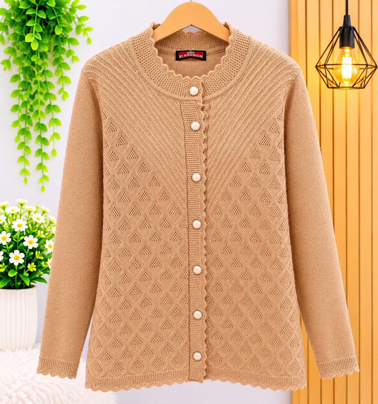Premium Camel Beige Diamond Pattern Knitted Women’s Button-Front Cardigan Sweater