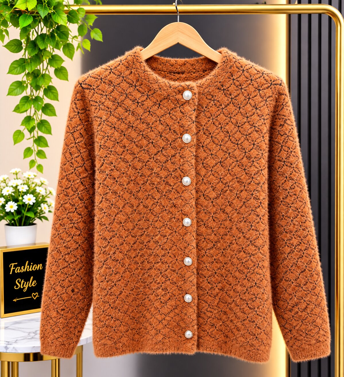 Premium Caramel Brown Fuzzy Knit Cardigan with Elegant Pearl Buttons – Premium Women’s Winter Collection
