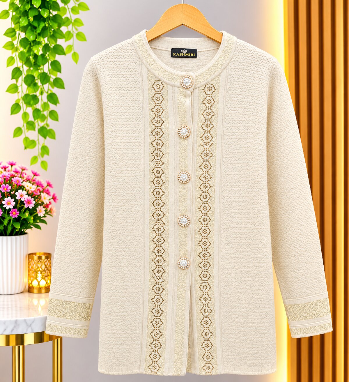 High Quality Ivory Kashmiri Knit Cardigan with Embellished Buttons & Elegant Embroidered Detailing