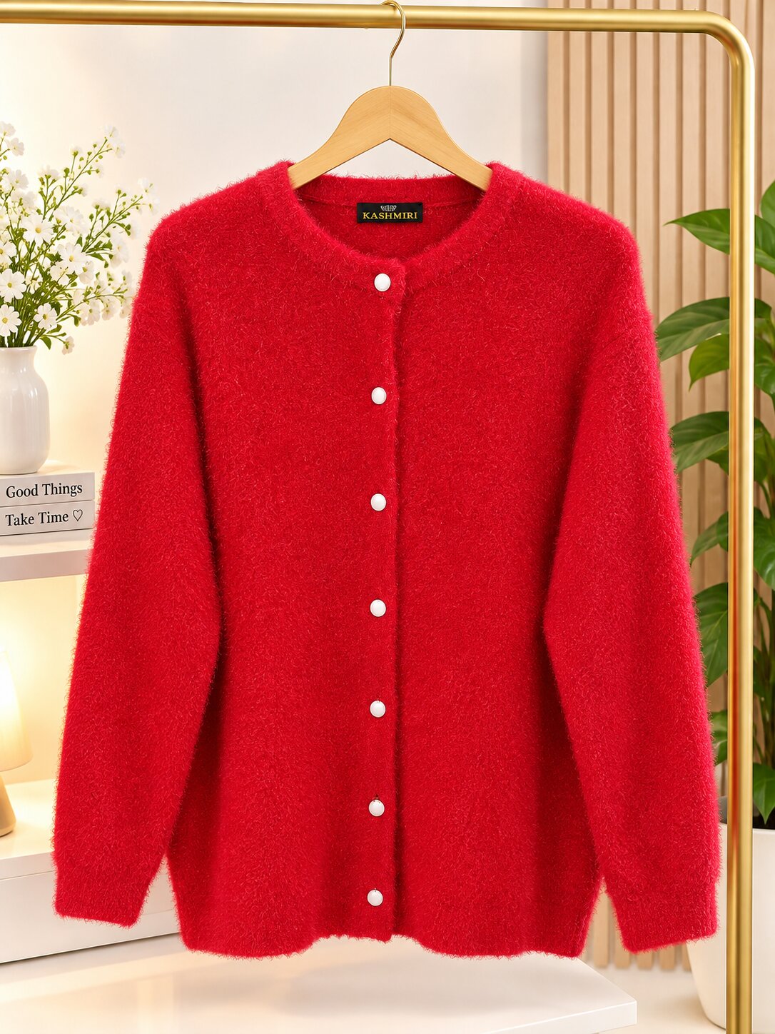 Kashmiri Premium Fuzzy Women’s Cardigan Sweater – Red | Stylish Winter Wear for Women