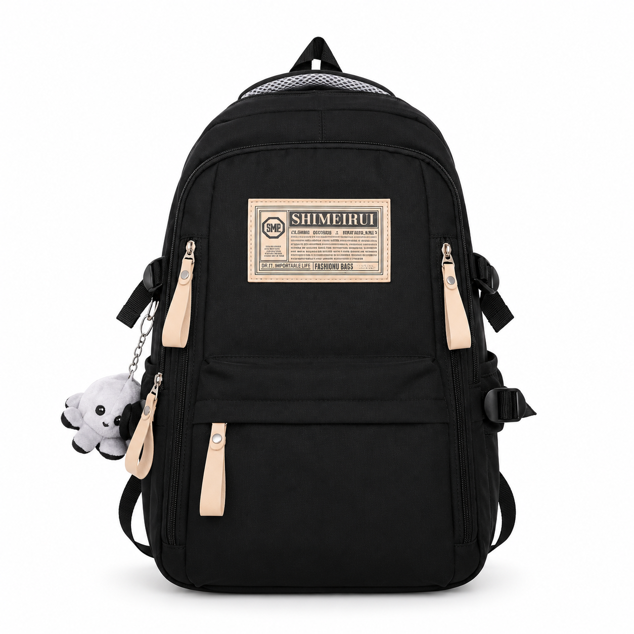 Black Multi-Compartment Backpack with Cute Plush Keychain – School & Travel Bag