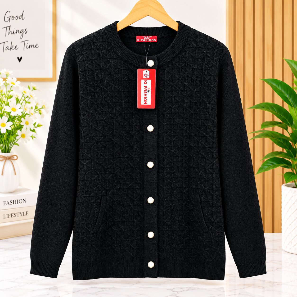 Premium Black Ladies Winter Cardigan with Geometric Knit Pattern & Pearl Buttons