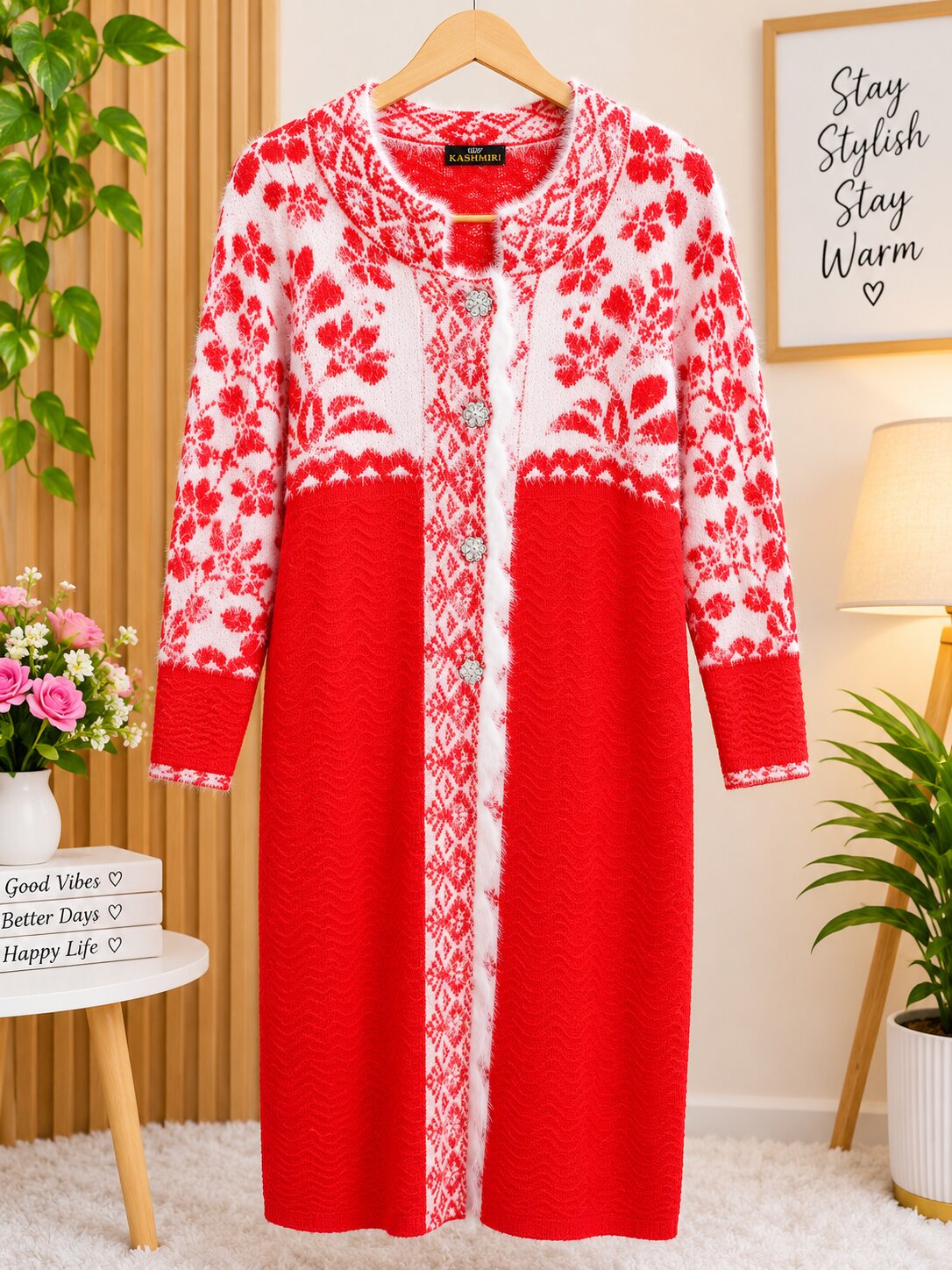 Elegant Kashmiri Red & White Floral Knit Long Cardigan for Women – Winter Wear
