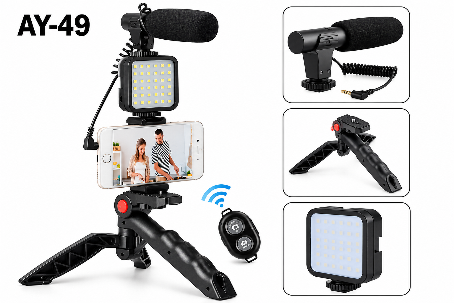 AY-49 Professional Smartphone Vlogging Kit with LED Light, Microphone, Tripod & Bluetooth Remote