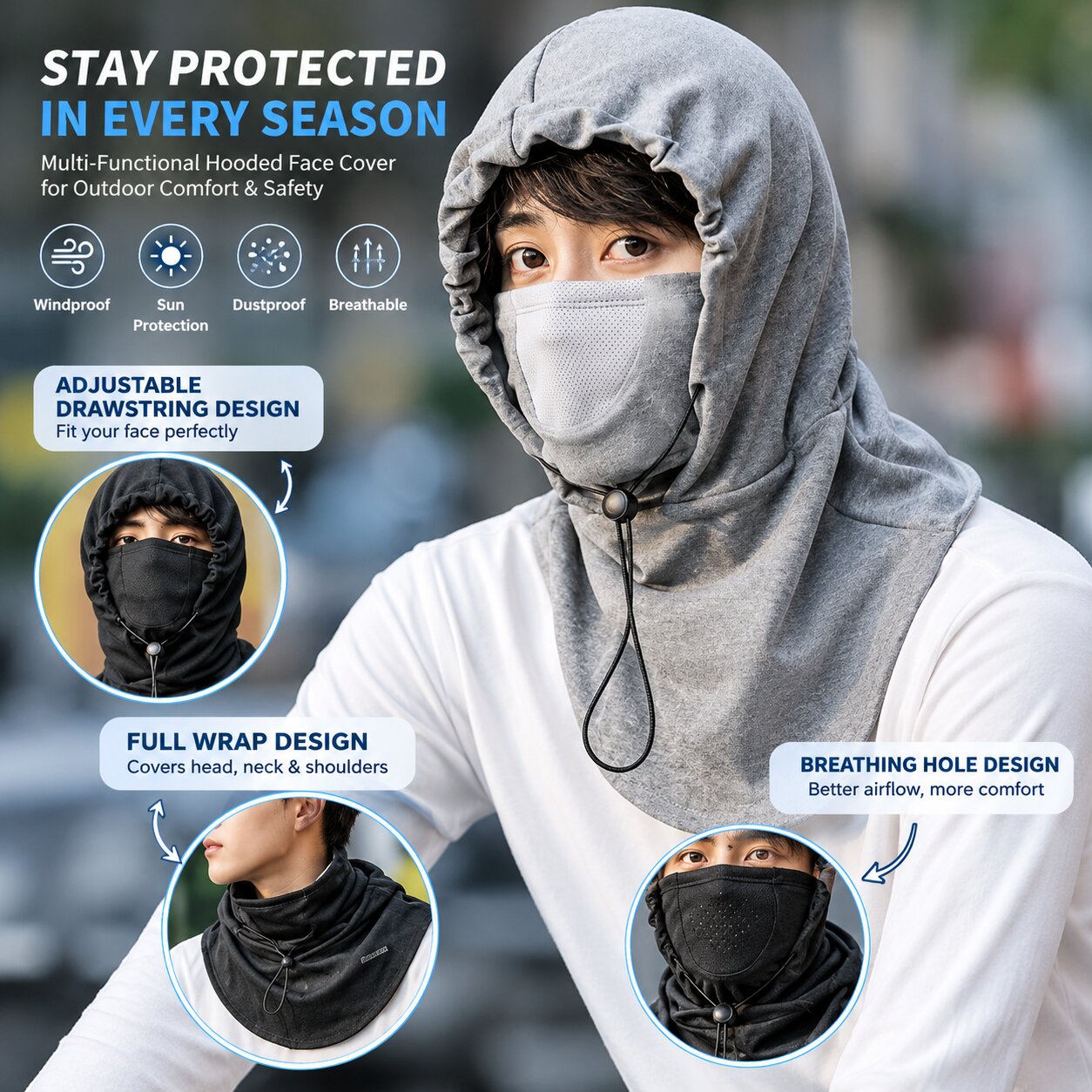Multifunctional Hooded Face Cover & Neck Warmer – Adjustable Drawstring Mask