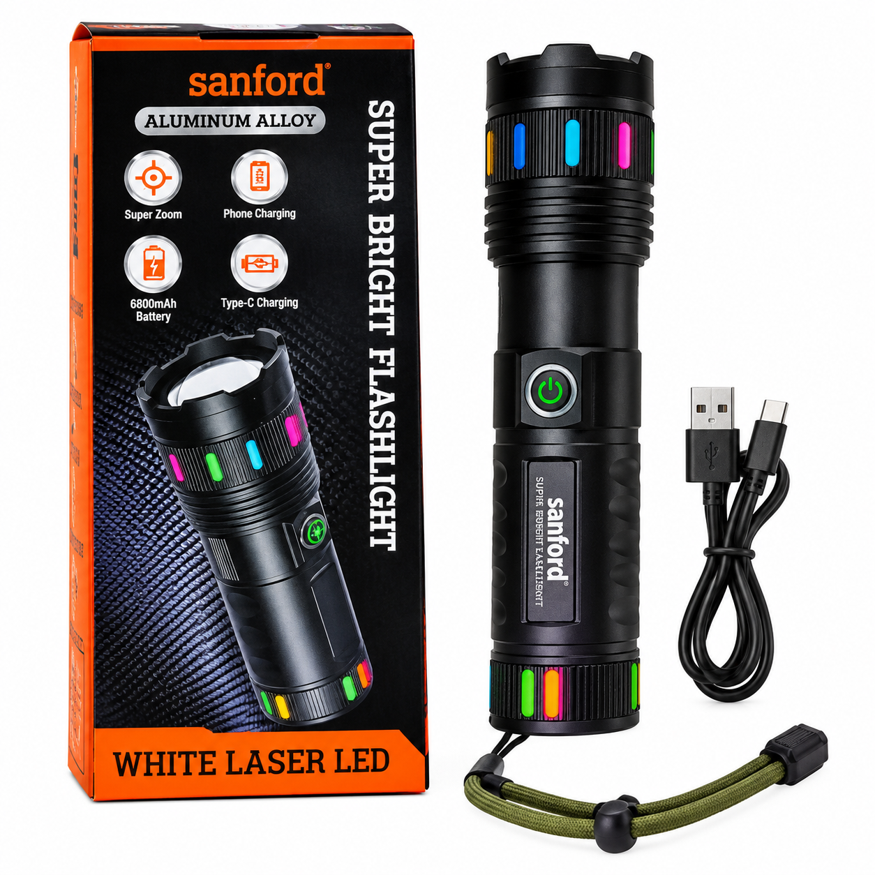 Sanford Super Bright LED Flashlight with Phone Charging, Type-C Charging & LED Power Display