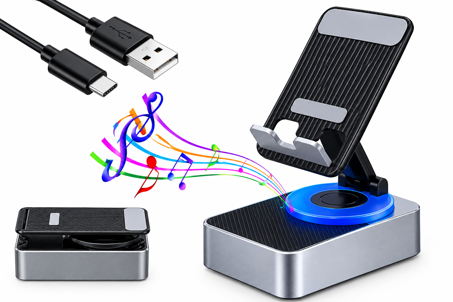 Multifunctional Wireless Charging Phone Stand with Bluetooth Speaker & RGB Light