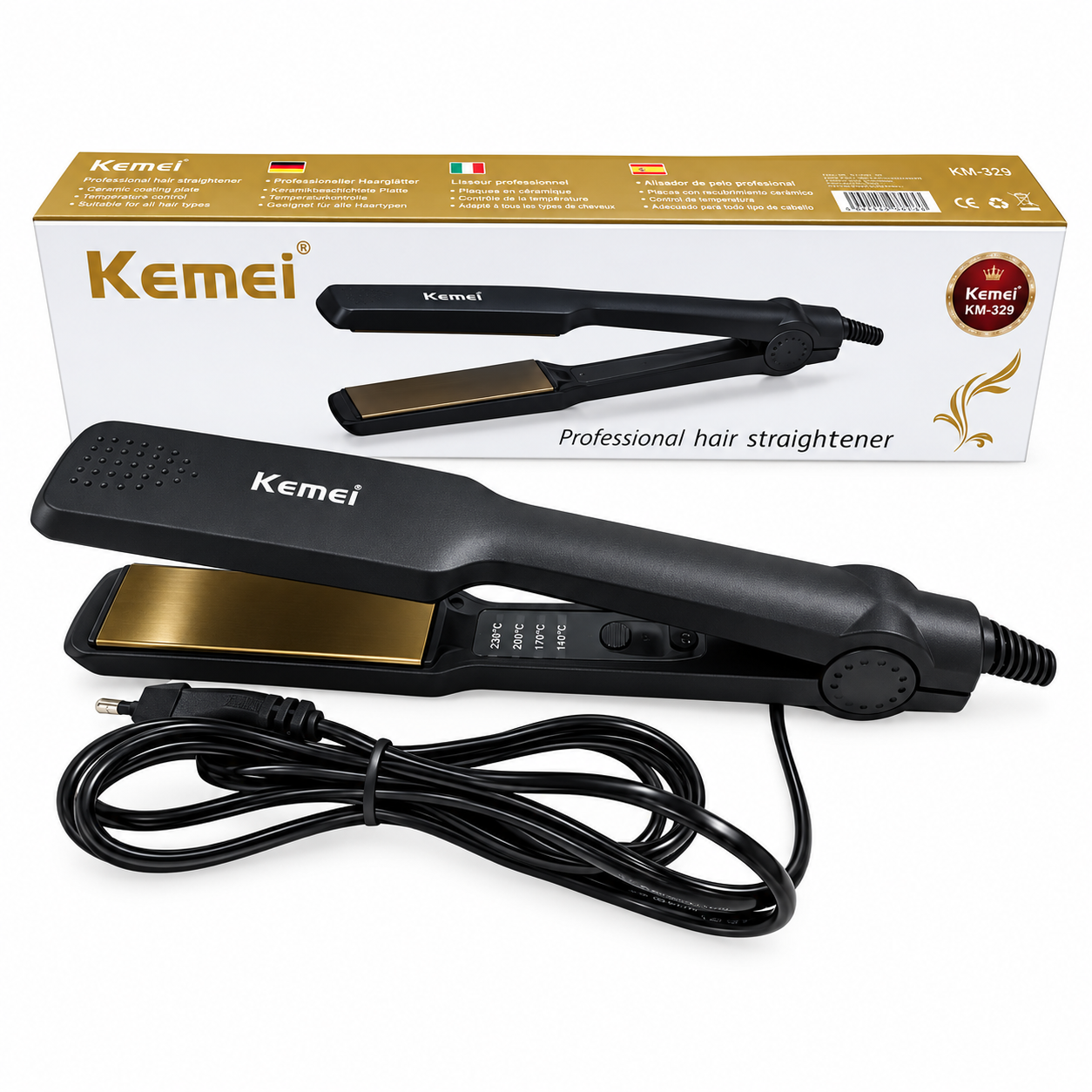 Kemei KM-329 Professional Hair Straightener – Black & Gold Ceramic Hair Straightening Iron