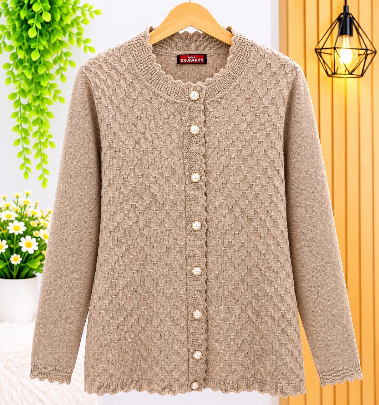 Classical Taupe Beige Honeycomb Pattern Knitted Women’s Button-Front Cardigan Sweater
