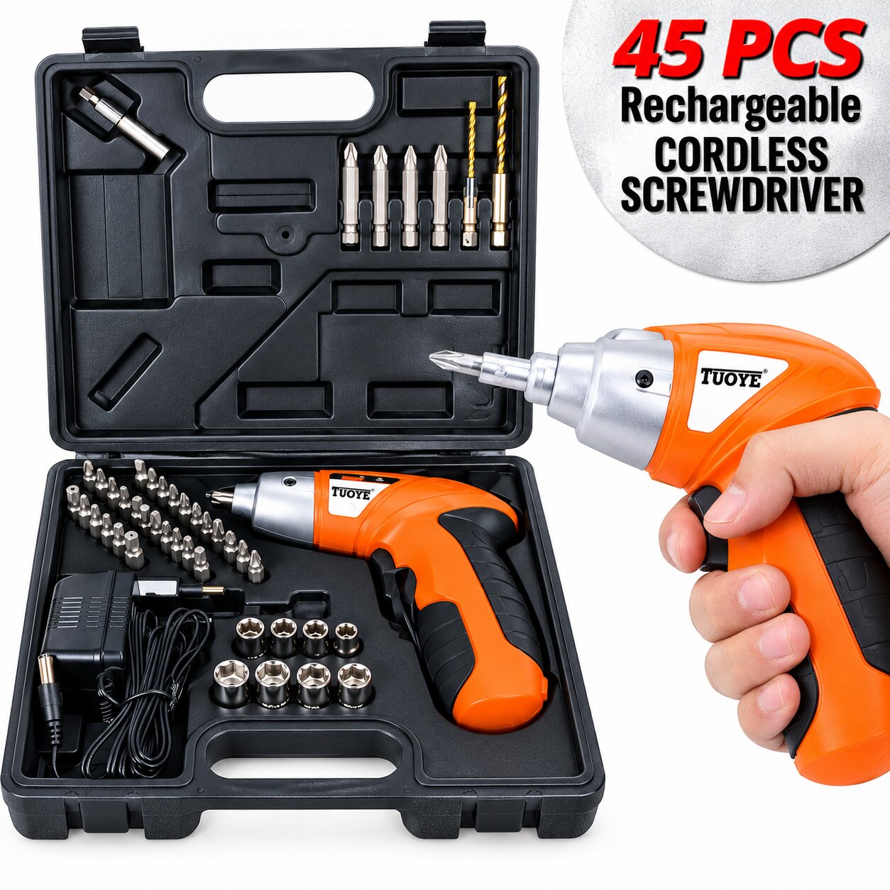 45-Piece Rechargeable Cordless Screwdriver Set with Accessories & Carrying Case