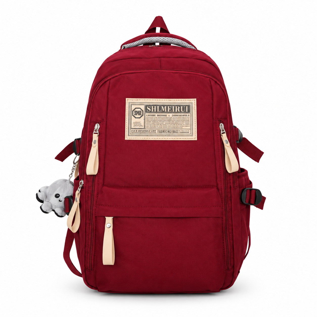 Burgundy Red Multi-Compartment School & Travel Backpack with Cute Plush Keychain
