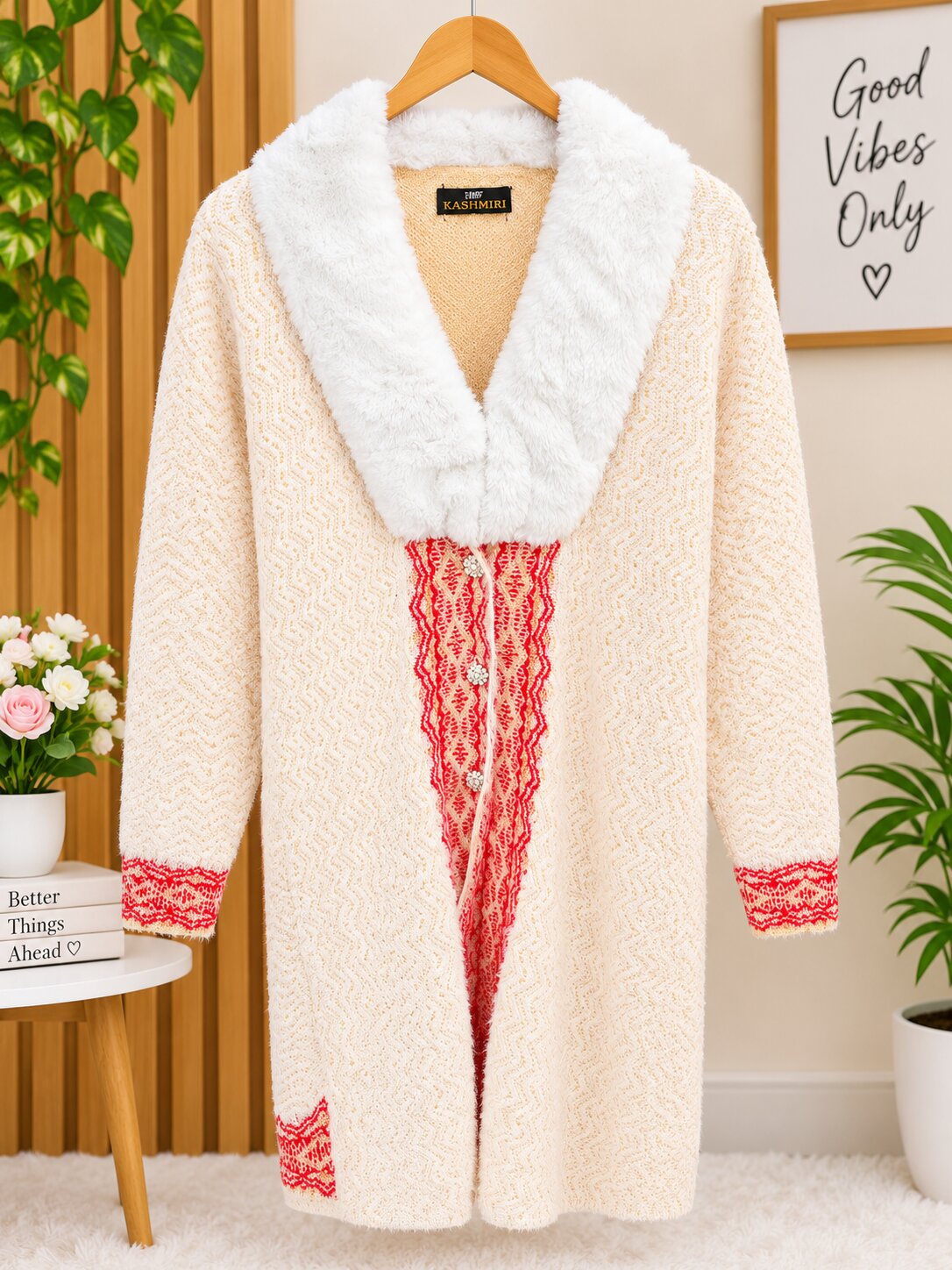 Premium Kashmiri Ladies Winter Cardigan with Soft Fur Collar – Cream & Red Knitted Long Sweater Coat