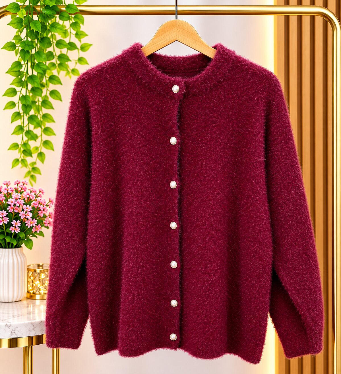 Premium Burgundy Fuzzy Knit Cardigan with Elegant Pearl Buttons – Luxury Women’s Winter Collection