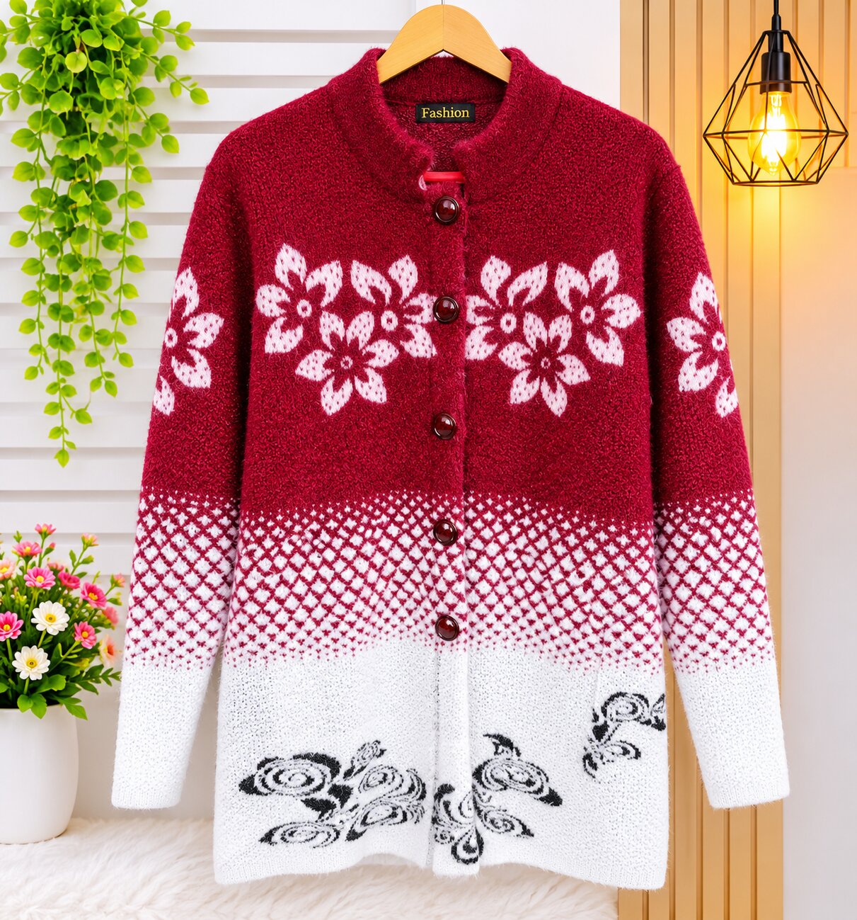 High Quality Maroon & White Floral Printed Knitted Women’s Long Cardigan Sweater