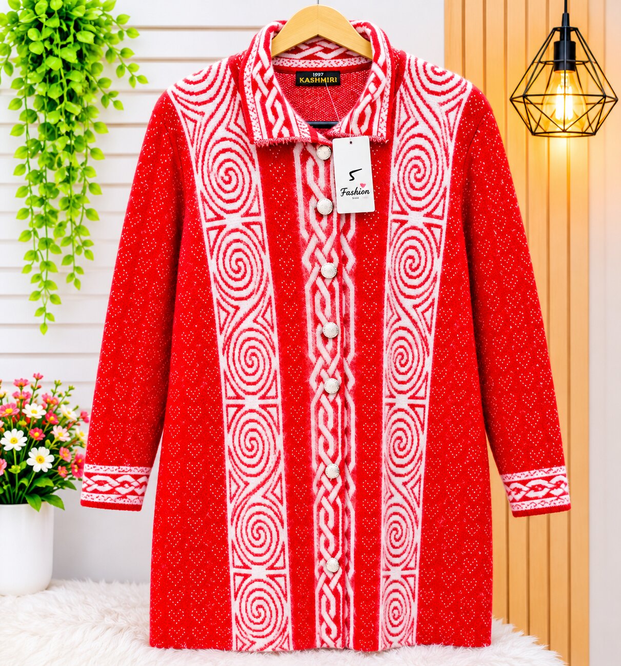 Premium Red & White Kashmiri Pattern Knitted Women’s Long Cardigan Sweater