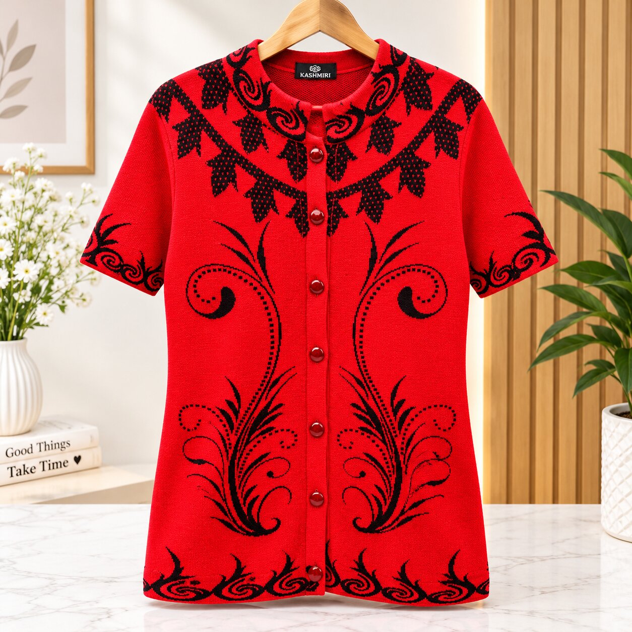 Kashmiri Premium Red & Black Printed Women’s Cardigan – Stylish Short Sleeve Knitwear
