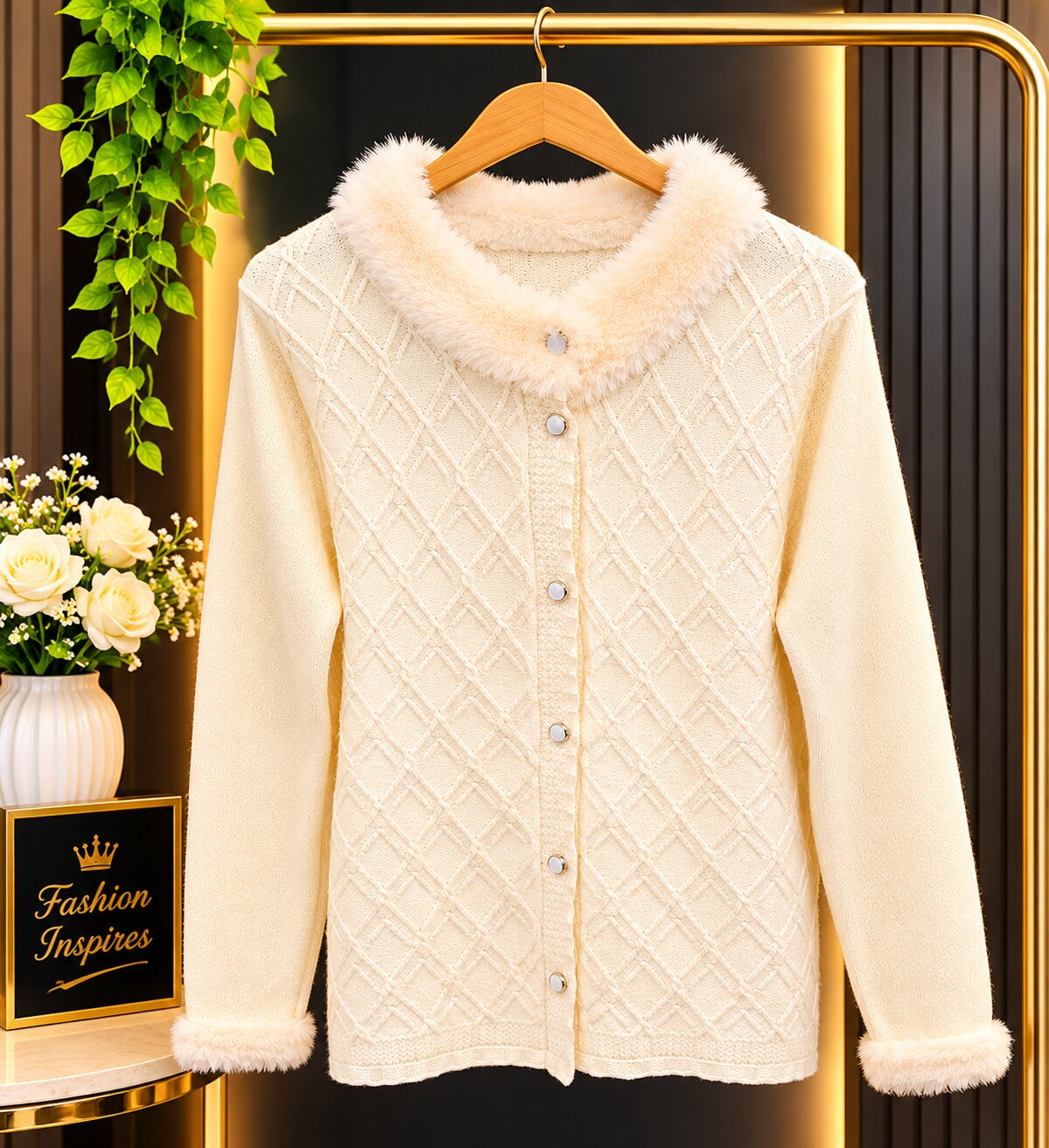Luxury Ivory Knit Cardigan with Plush Faux-Fur Collar & Cuffs – Elegant Winterwear for Women